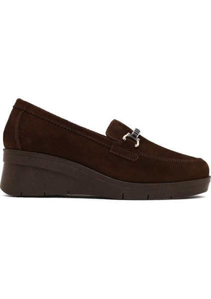Kadın Kahverengi Tokalı Dolgu Topuklu Süet Deri Comfort Loafer 25AFD154310