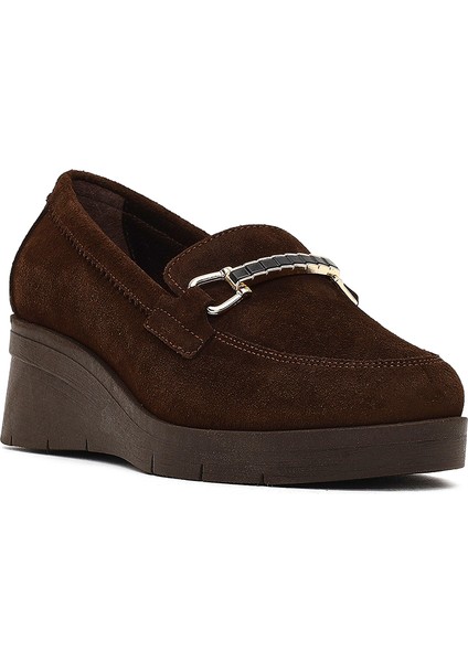 Kadın Kahverengi Tokalı Dolgu Topuklu Süet Deri Comfort Loafer 25AFD154310