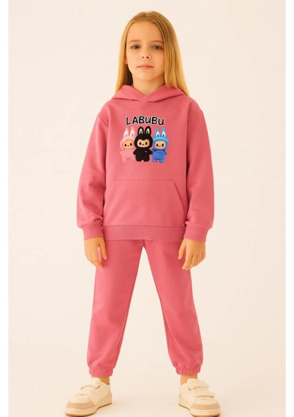 Kız Çocuk Iki Ip Eşofman Takımı Labubu Takım Kapüşonlu Baskılı Sweatshirt ve Pantolon 4/8 Yaş