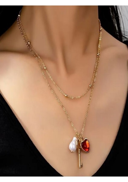 Kırmızı Kalpli Anahtar Kolye