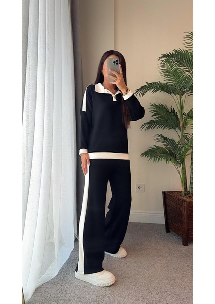 Şans Life Kadın Şerit Detaylı Düşük Omuzlu Polo Yaka Pantolonlu Ikili Takım modelleri