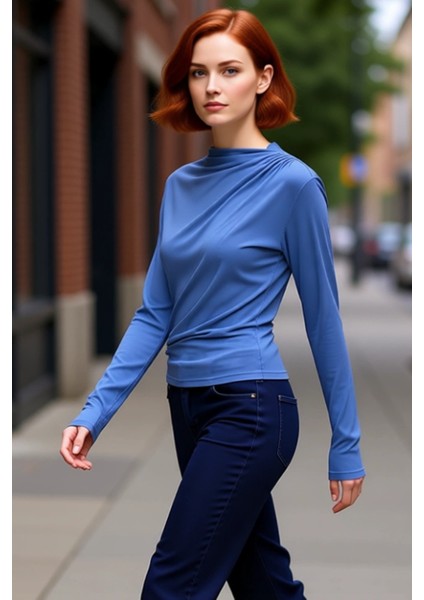 Kadınlar Için Sürdürülebilir Modal Kumaş Kayık Yaka Drape Detaylı Bluz Kaliteli Şık Rahat Modern modelleri