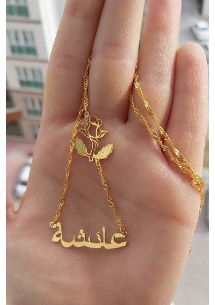 925 Ayar Gümüş 24 Ayar Altın Kaplama Gül Figürlü Isimli Kolye