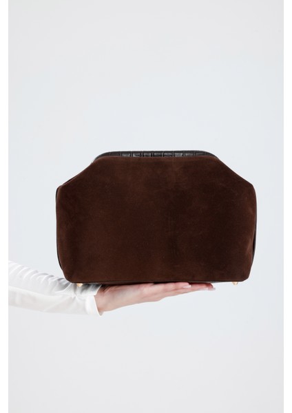 Kadın Koyu Kahve Süet Clutch El Çantası