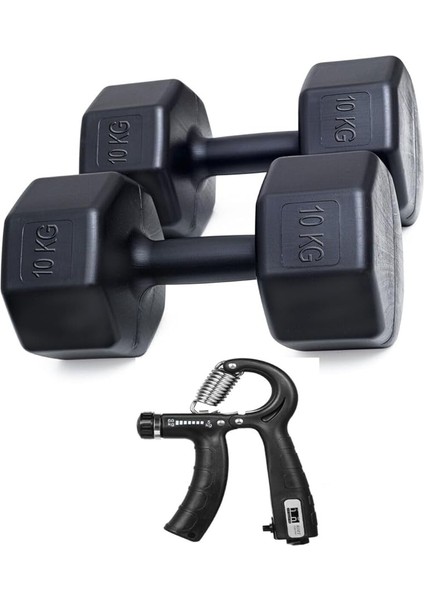 Besinistanbul 10 kg Dambıl x 2 Adet = 20 kg +Sayaçlı Ayarlanabilir El Yayı Siyah