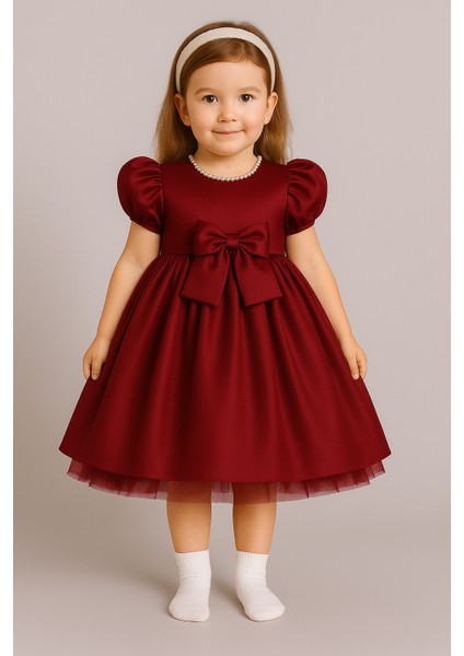 Kız Çocuk Ön Arka Fiyonk Detaylı Yaka Incili Balo Parti Mezuniyet Doğum Günü Elbise