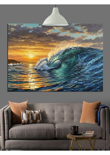 Kırmızı Güneş Dalga Manzarası Dekoratif Kanvas - Mdf Ahşap Tablo fiyatları