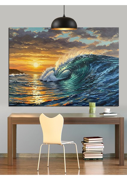 Kırmızı Güneş Dalga Manzarası Dekoratif Kanvas - Mdf Ahşap Tablo modelleri