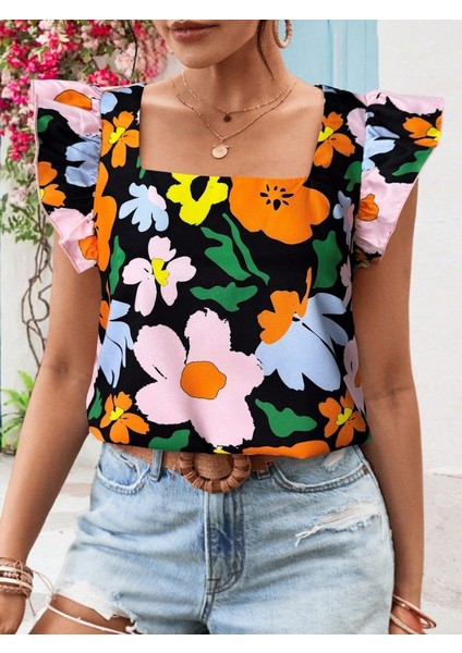 Kadın Kısa Fırfır Kollu Kare Yaka Çiçek Desenli Ithal Keten Bluz