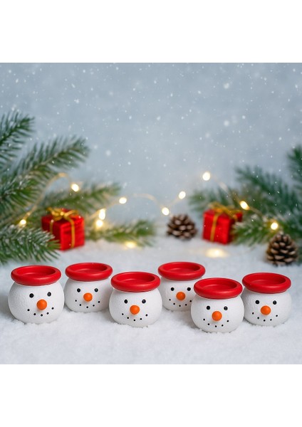 biton 6’lı kardan adam figürlü mini tealight mumluk seti – el boyaması seramik yeni yıl dekoru 5x5 cm
