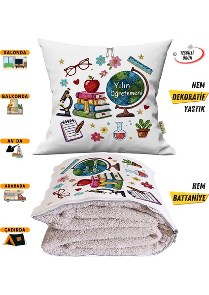 Öğretmenler Günü Hediyesi Punch Baskılı Tv Battaniyesi Olabilen Dekoratif Yastık Kırlent Battaniye
