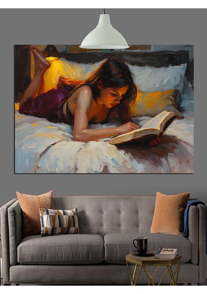 Yatakta Kitap Okuyan Kadın Dekoratif Kanvas - Mdf Ahşap Tablo fırsatları
