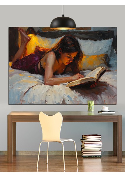 Yatakta Kitap Okuyan Kadın Dekoratif Kanvas - Mdf Ahşap Tablo indirimleri