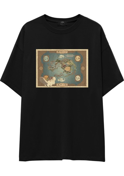 Avatar The Last Airbender Map Oversize Tişört - Siyah