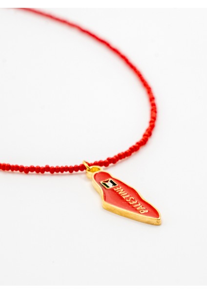 Kırmızı Boncuklu El Yapımı Filistin Haritası Unisex Filistin Kolyesi 40 cm J300010 indirimleri