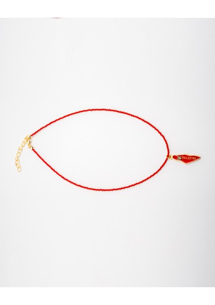 Kırmızı Boncuklu El Yapımı Filistin Haritası Unisex Filistin Kolyesi 40 cm J300010