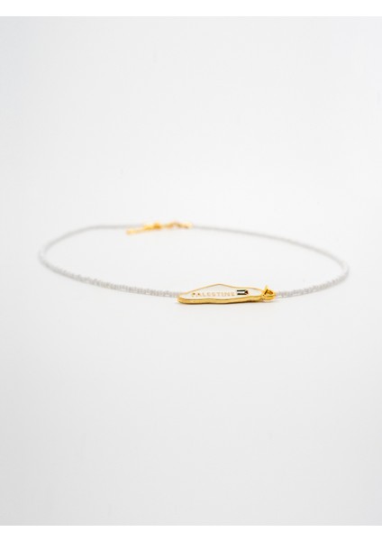 Beyaz Boncuklu El Yapımı Filistin Haritası Unisex Filistin Kolyesi 40 cm J300011