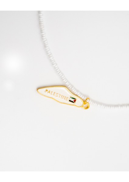 Beyaz Boncuklu El Yapımı Filistin Haritası Unisex Filistin Kolyesi 40 cm J300011