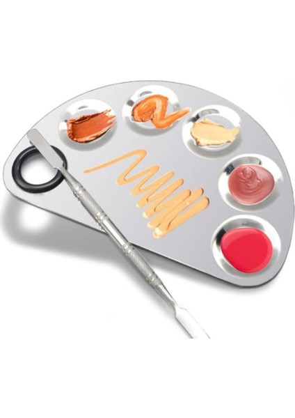 Mecno Beauty Profesyonel Makyaj Karıştırma Paleti, Paslanmaz Çelik, D Şekilli, Spatula ile Birlikte, Metalik Gri