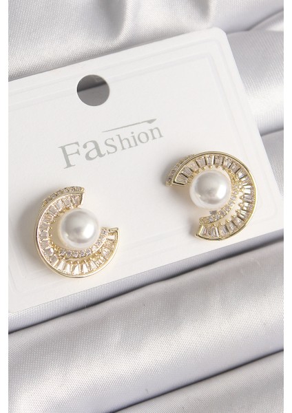 Pirinç Gold Renk Zirkon Taşlı Salyangoz Model Inci Detay Kadın Küpe - Lisinya