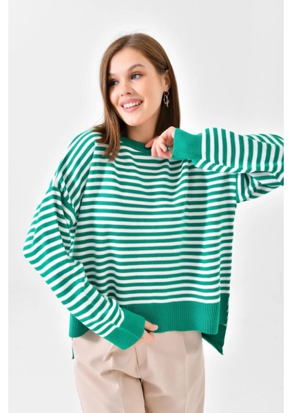 Kadın Kazak Çizgili Yuvarlak Yaka Kazak B.yeşil - 224520