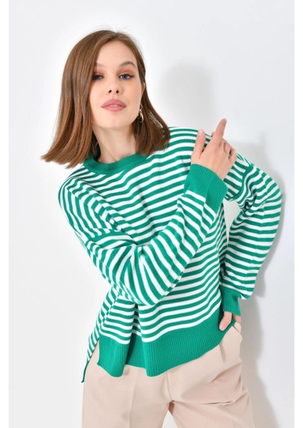 Kadın Kazak Çizgili Yuvarlak Yaka Kazak B.yeşil - 224520 fiyatları