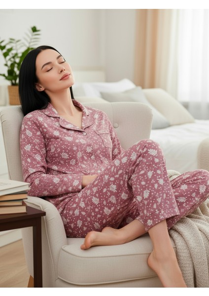 Süet Gömlek Pijama Takımı 7008 Doğa Desen Pudra fiyatları