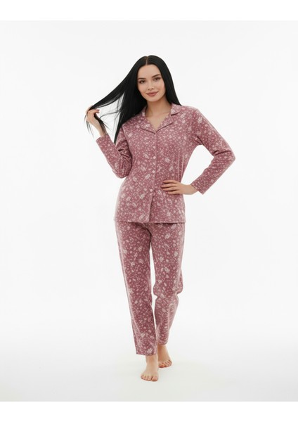 Süet Gömlek Pijama Takımı 7008 Doğa Desen Pudra modelleri