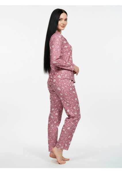 Süet Gömlek Pijama Takımı 7008 Doğa Desen Pudra indirimleri