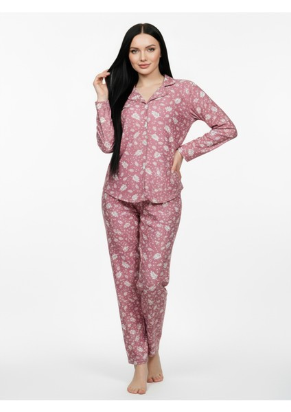Süet Gömlek Pijama Takımı 7008 Doğa Desen Pudra