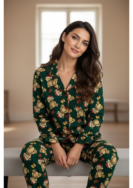 Luxury Soft Yeşil Yılbaşı Ayıcık Desenli Uzun Kollu Kadın Pijama Takımı – 3065