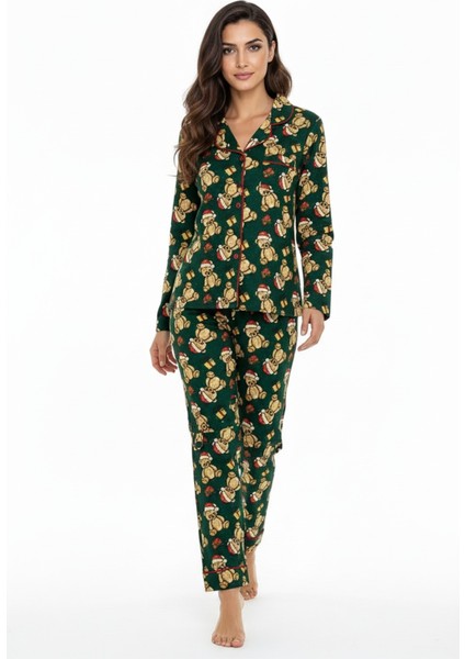 Luxury Soft Yeşil Yılbaşı Ayıcık Desenli Uzun Kollu Kadın Pijama Takımı – 3065 modelleri