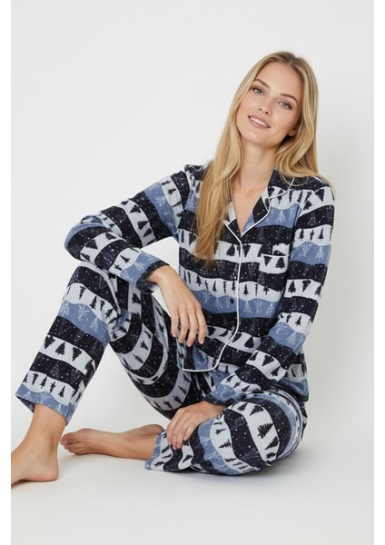 Luxury Soft Lacivert Çam Ağacı Desenli Uzun Kollu Kadın Pijama Takımı – 3048