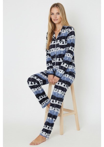 Luxury Soft Lacivert Çam Ağacı Desenli Uzun Kollu Kadın Pijama Takımı – 3048 modelleri