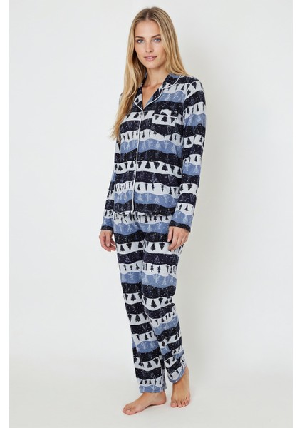 Luxury Soft Lacivert Çam Ağacı Desenli Uzun Kollu Kadın Pijama Takımı – 3048 indirimleri
