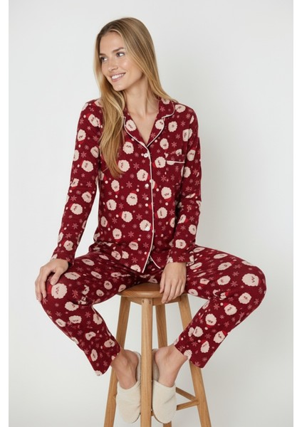 Luxury Soft Bordo Yılbaşı Desenli Uzun Kollu Kadın Pijama Takımı – 3026