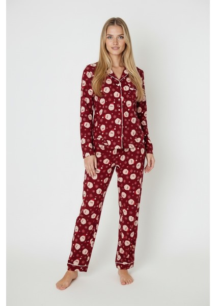 Luxury Soft Bordo Yılbaşı Desenli Uzun Kollu Kadın Pijama Takımı – 3026 modelleri