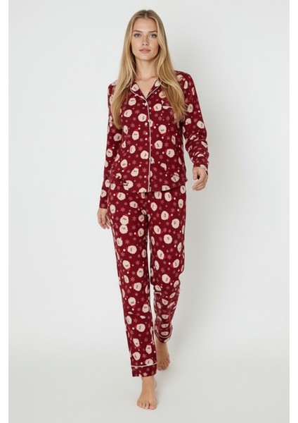 Luxury Soft Bordo Yılbaşı Desenli Uzun Kollu Kadın Pijama Takımı – 3026 fırsatları
