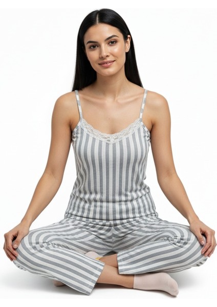 Kadın Rahat Ev & Uyku Pijama Takımı Gri Çizgili Desen