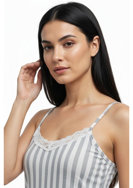 Kadın Rahat Ev & Uyku Pijama Takımı Gri Çizgili Desen fiyatları