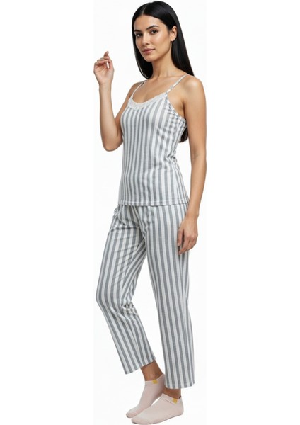 Kadın Rahat Ev & Uyku Pijama Takımı Gri Çizgili Desen indirimleri