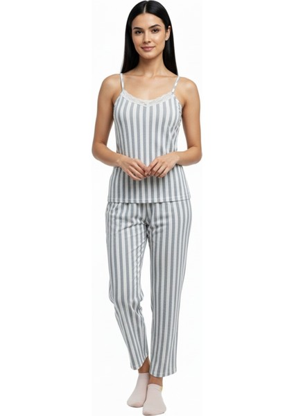 Kadın Rahat Ev & Uyku Pijama Takımı Gri Çizgili Desen