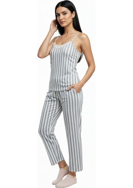Kadın Rahat Ev & Uyku Pijama Takımı Gri Çizgili Desen