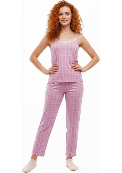 Altı Uzun Üstü Askılı Yumuşak Ekoseli Pijama Takımı Pembe