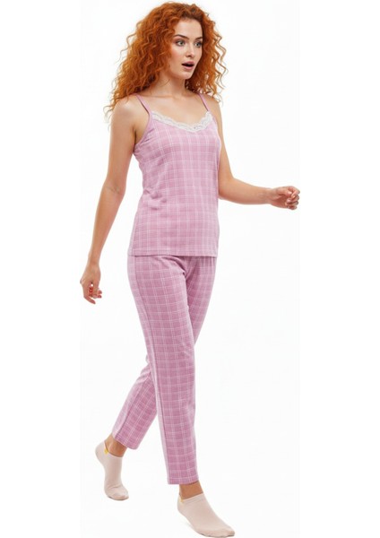 Altı Uzun Üstü Askılı Yumuşak Ekoseli Pijama Takımı Pembe modelleri