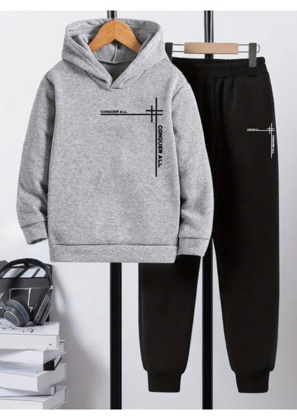 Punıx Kids Özel Üretim Kapüşonlu Conquer All Baskılı %100 Pamuk Trend Erkek Çocuk Kışlık Eşofman Takımı