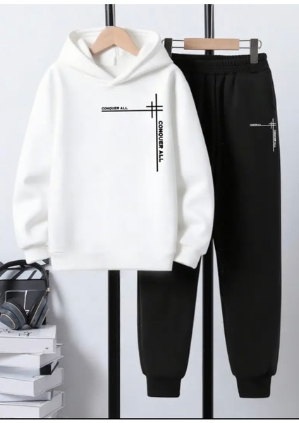 Punıx Kids Özel Üretim Kapüşonlu Conquer All Baskılı %100 Pamuk Trend Erkek Çocuk Kışlık Eşofman Takımı fiyatları