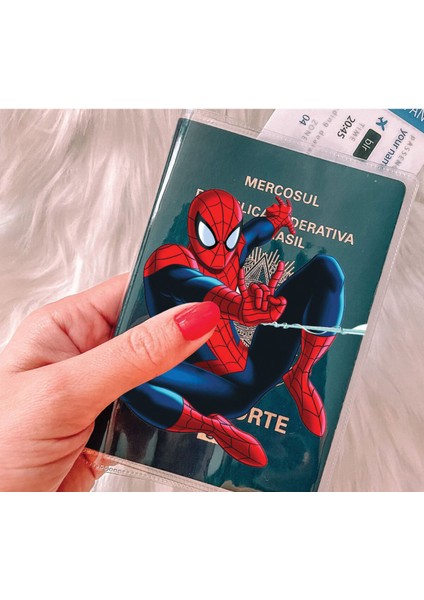 Tüm Ülke Pasaportları ile Uyumlu Şeffaf Pvc Baskılı Cepli Pasaport Kılıfı Kabı - Spider