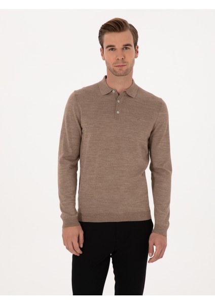 Erkek Vizon Slim Fit Yün Karışımlı Polo Yaka Basic Triko Kazak 50315267-VR052