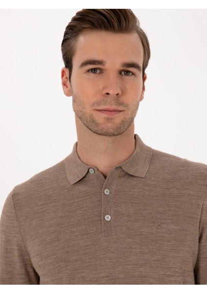Erkek Vizon Slim Fit Yün Karışımlı Polo Yaka Basic Triko Kazak 50315267-VR052 fiyatları